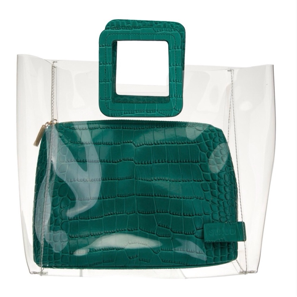 STAUD Shirley Green Faux Leather + Clear Tote Bag